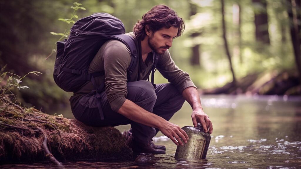 Man collecting water at a outdoor stream for Purification