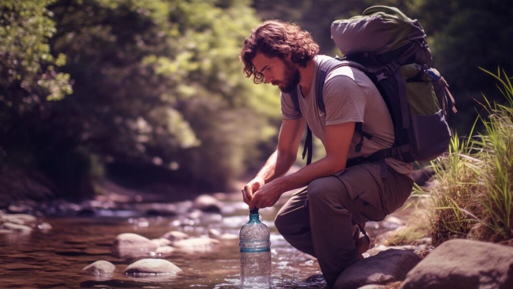 Man collecting water at a outdoor stream for Purification